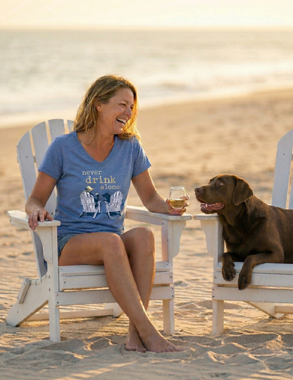 Dog is Good — Never Drink Alone T-Shirt | Women’s V-Neck | Blue | S–3XL
