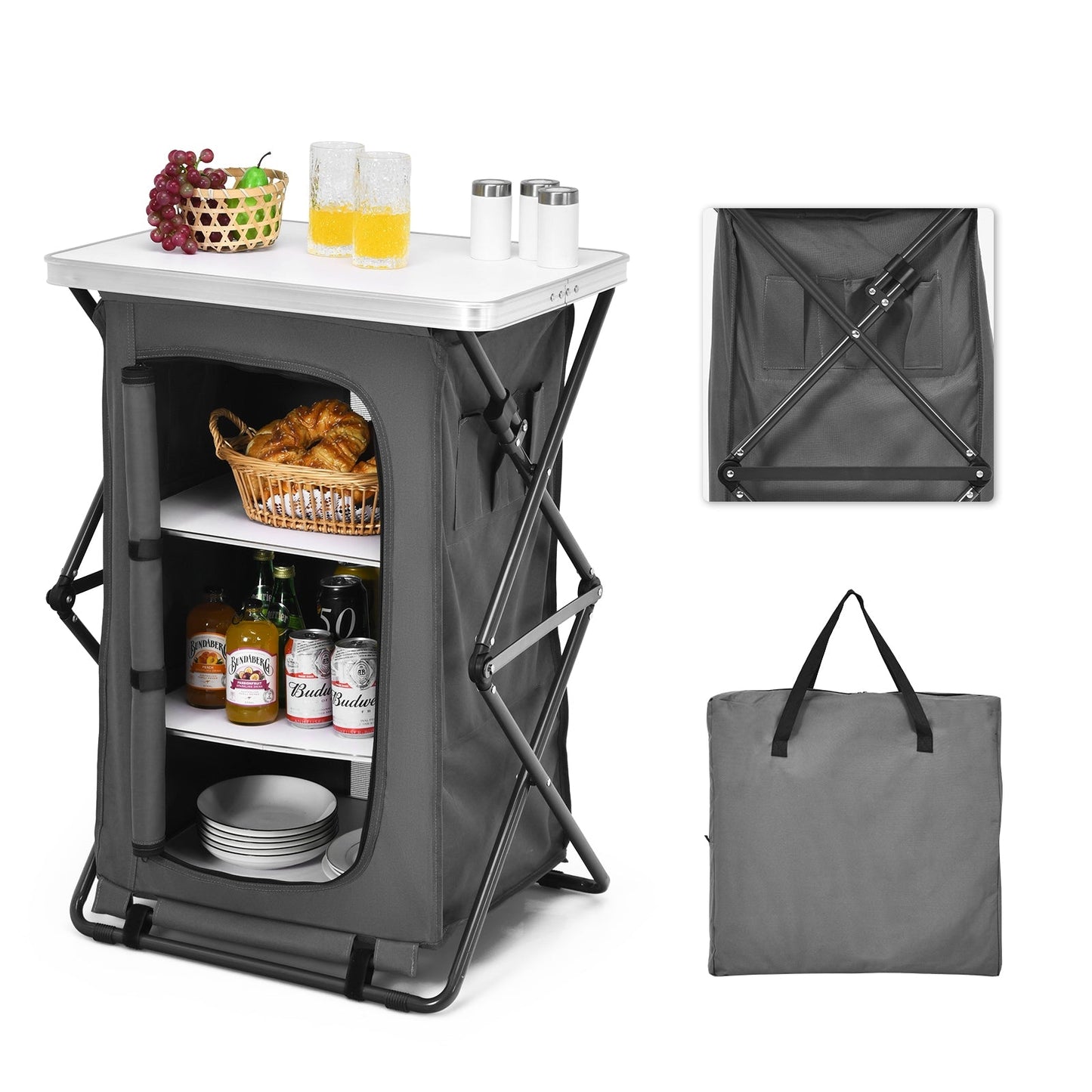 Folding Camping Storage Cabinet | 3 Shelves + Tabletop | M, L or XL | Waterproof Oxford Cloth | Gray