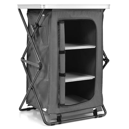 Folding Camping Storage Cabinet | 3 Shelves + Tabletop | M, L or XL | Waterproof Oxford Cloth | Gray