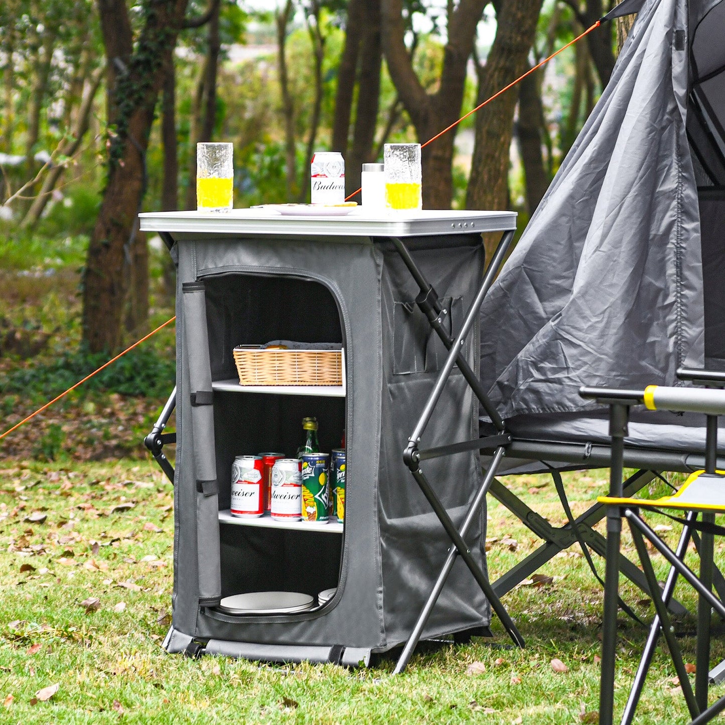 Folding Camping Storage Cabinet | 3 Shelves + Tabletop | M, L or XL | Waterproof Oxford Cloth | Gray