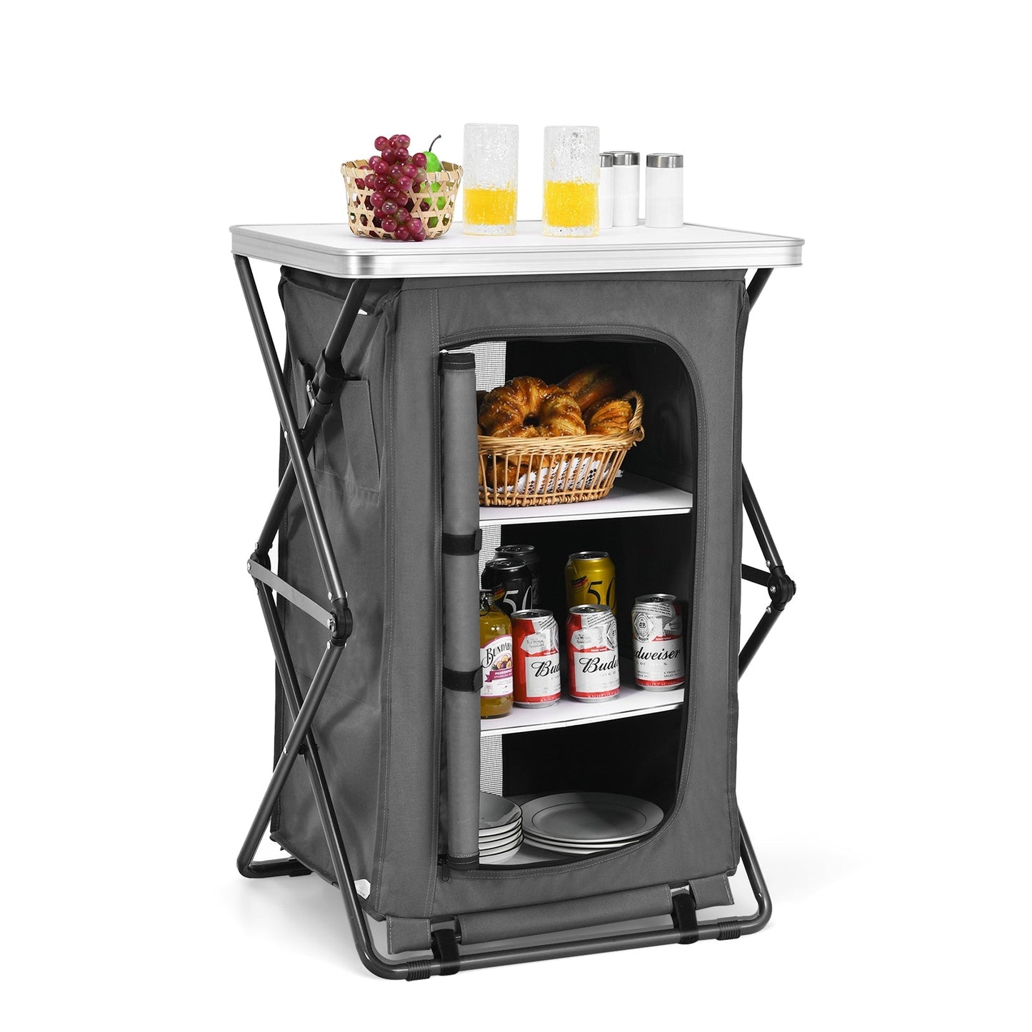 Folding Camping Storage Cabinet | 3 Shelves + Tabletop | M, L or XL | Waterproof Oxford Cloth | Gray