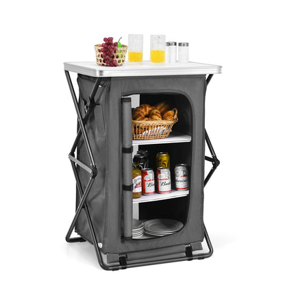 Folding Camping Storage Cabinet | 3 Shelves + Tabletop | M, L or XL | Waterproof Oxford Cloth | Gray