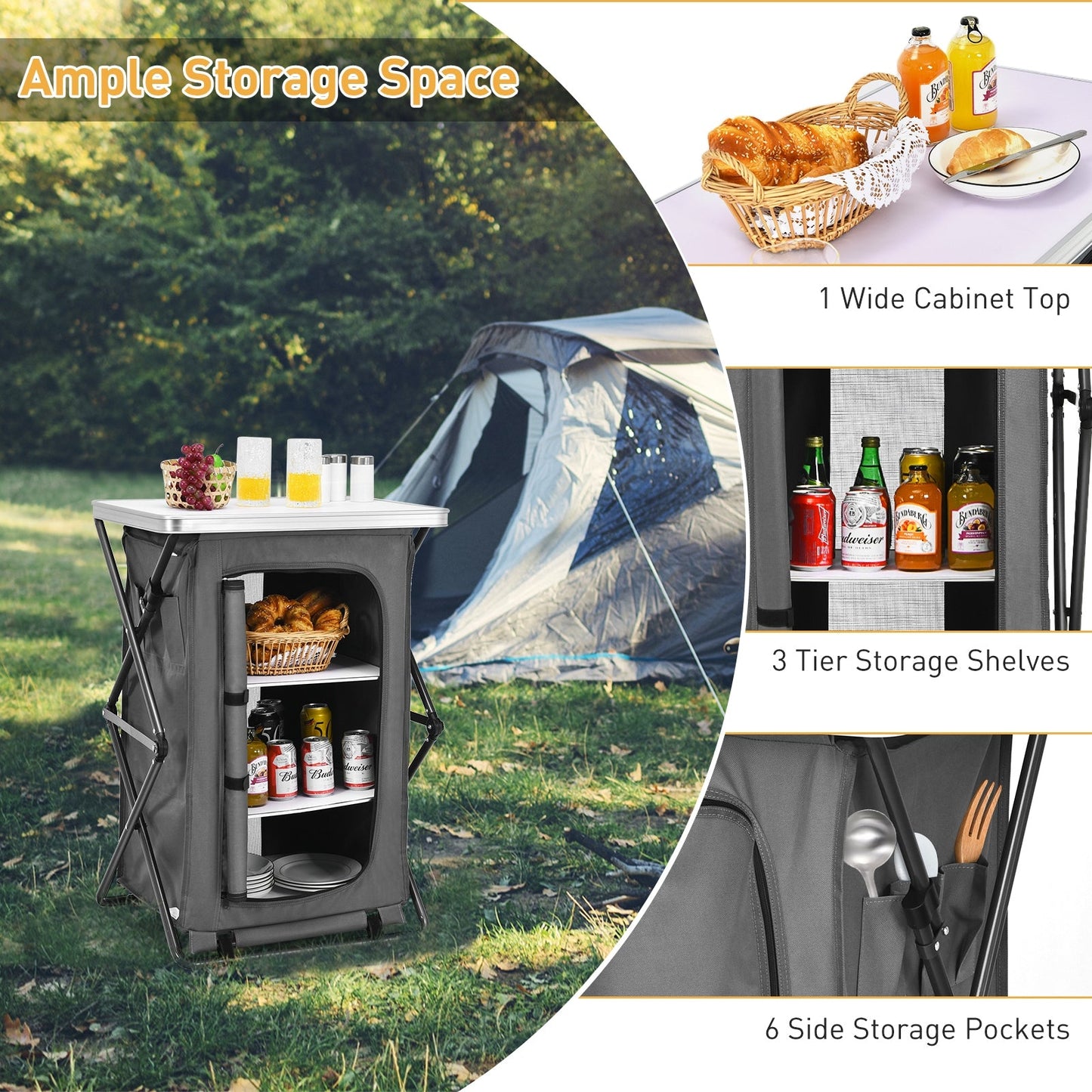 Folding Camping Storage Cabinet | 3 Shelves + Tabletop | M, L or XL | Waterproof Oxford Cloth | Gray