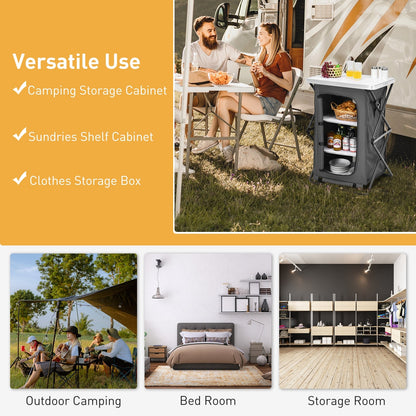 Folding Camping Storage Cabinet | 3 Shelves + Tabletop | M, L or XL | Waterproof Oxford Cloth | Gray