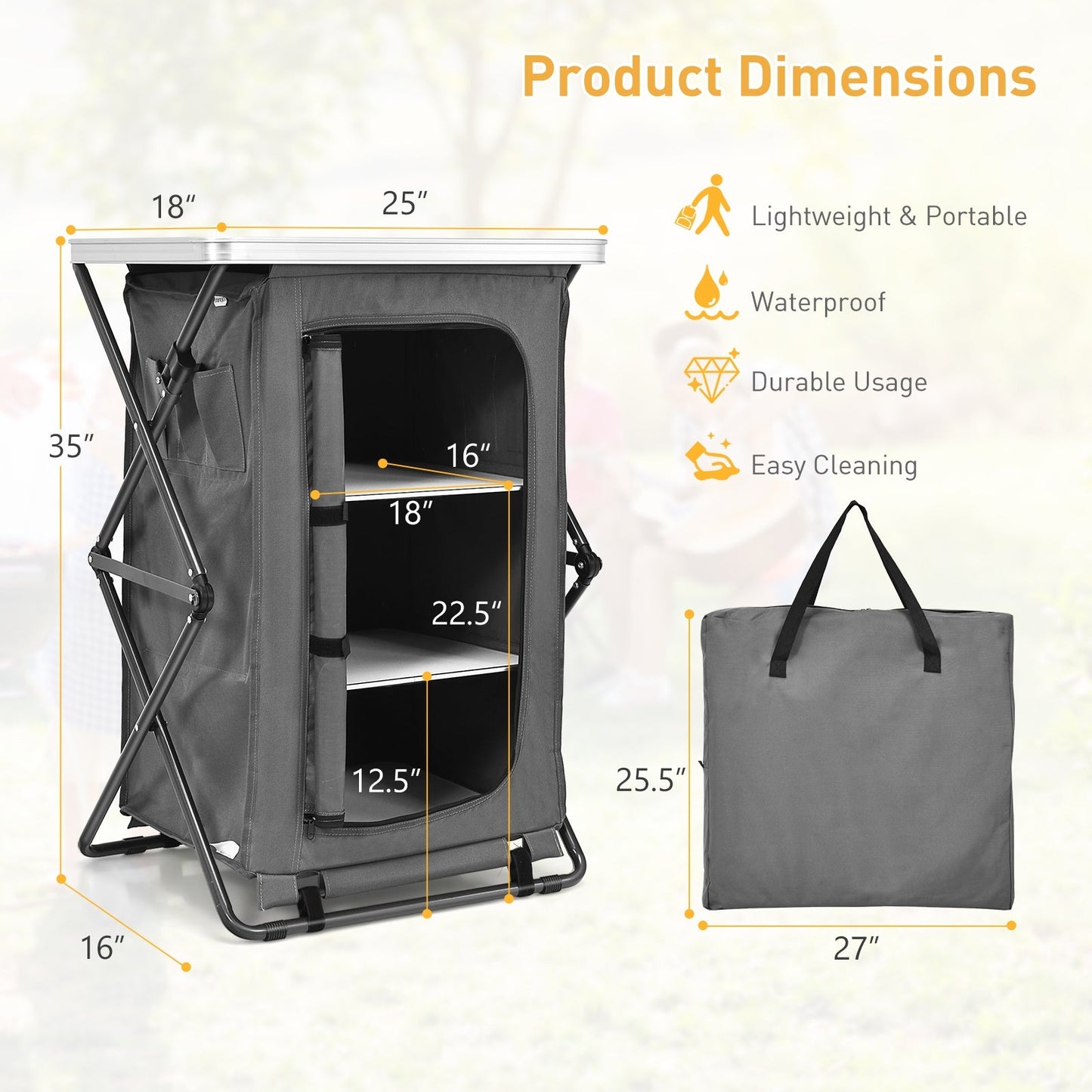 Folding Camping Storage Cabinet | 3 Shelves + Tabletop | M, L or XL | Waterproof Oxford Cloth | Gray