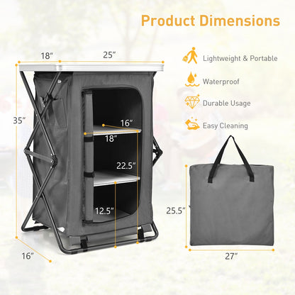 Folding Camping Storage Cabinet | 3 Shelves + Tabletop | M, L or XL | Waterproof Oxford Cloth | Gray