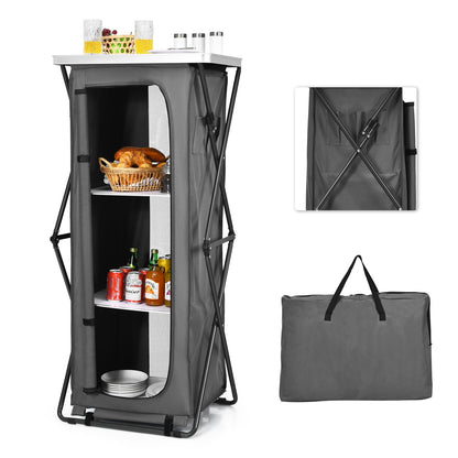 Folding Camping Storage Cabinet | 3 Shelves + Tabletop | M, L or XL | Waterproof Oxford Cloth | Gray