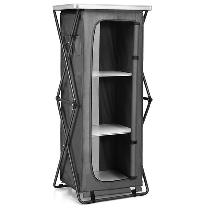Folding Camping Storage Cabinet | 3 Shelves + Tabletop | M, L or XL | Waterproof Oxford Cloth | Gray