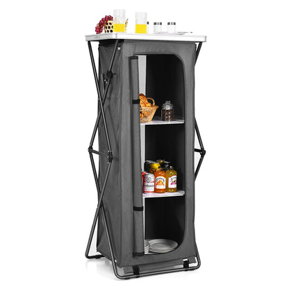 Folding Camping Storage Cabinet | 3 Shelves + Tabletop | M, L or XL | Waterproof Oxford Cloth | Gray