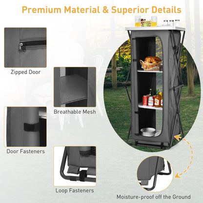 Folding Camping Storage Cabinet | 3 Shelves + Tabletop | M, L or XL | Waterproof Oxford Cloth | Gray