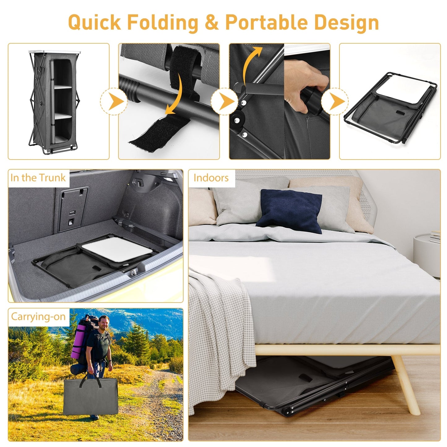 Folding Camping Storage Cabinet | 3 Shelves + Tabletop | M, L or XL | Waterproof Oxford Cloth | Gray