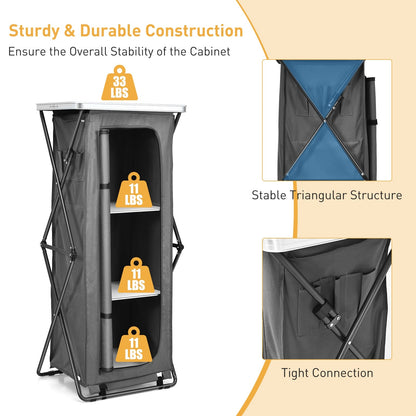 Folding Camping Storage Cabinet | 3 Shelves + Tabletop | M, L or XL | Waterproof Oxford Cloth | Gray