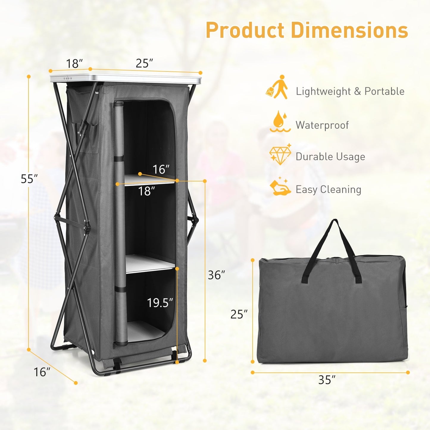 Folding Camping Storage Cabinet | 3 Shelves + Tabletop | M, L or XL | Waterproof Oxford Cloth | Gray