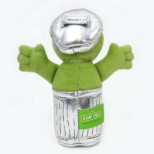 Back view of Oscar the Grouch plush beanbag with silver cap and can