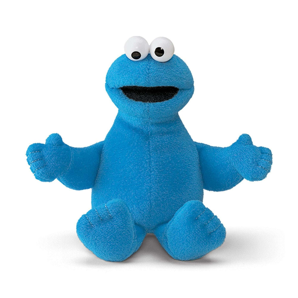 Cookie Monster plush beanbag toy with blue fur, googly eyes, open mouth, and outstretched arms