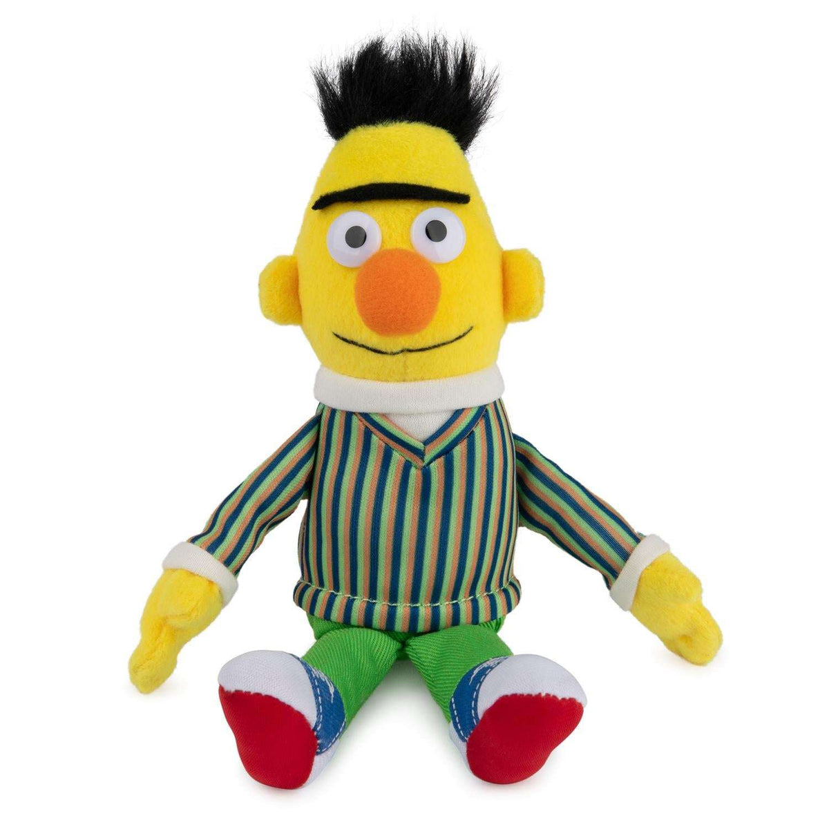 Front-facing Bert beanbag plush with striped shirt and red, white, and blue shoes