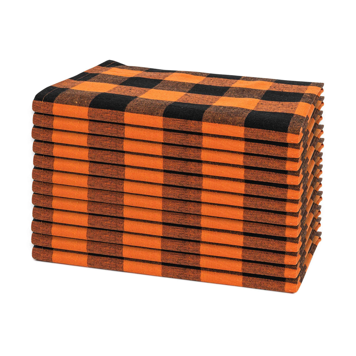 Set of 12 orange and black plaid cotton dinner napkins, folded stack