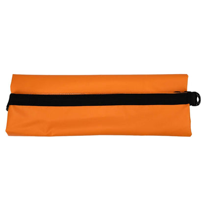 Orange waterproof dry bag with black strap around the rolled top, side view