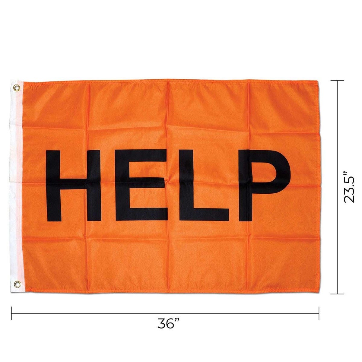 Orange emergency flag with black 'HELP' text and grommets on the edges