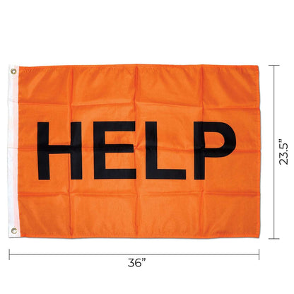 Orange emergency flag with black 'HELP' text and grommets on the edges
