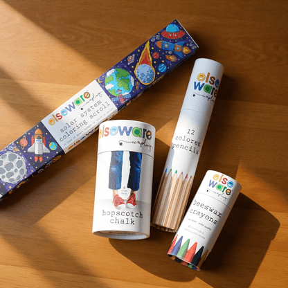 Outdoor Art Bundle – Hopscotch Chalk, Beeswax Crayons, Solar Coloring Scroll & Colored Pencils | Non-Toxic | Kids