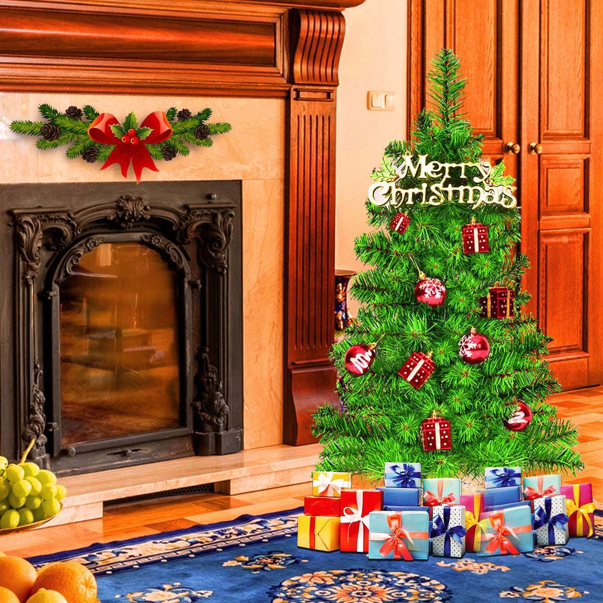 Artificial green Christmas tree decorated with ornaments and a Merry Christmas sign