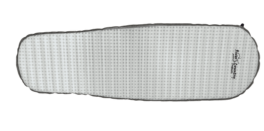 Self-inflating sleeping pad, light gray oval with printed brand logo