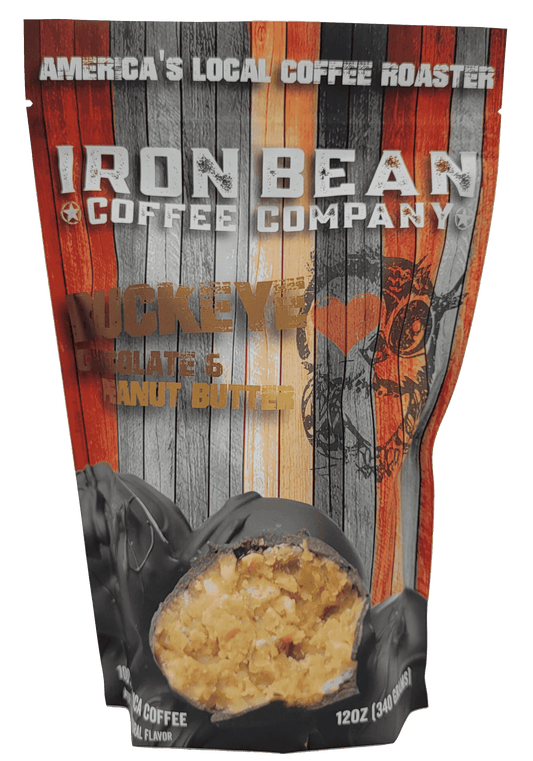 Medium roast coffee bag with Iron Bean branding and peanut butter scoop graphic