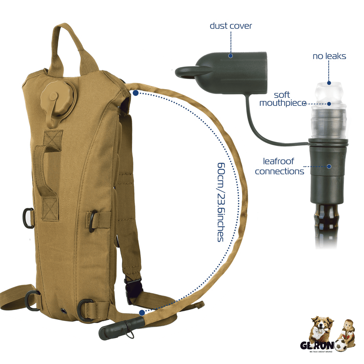 Tan 3L hydration bladder vest pack with tube and water bottle holder components