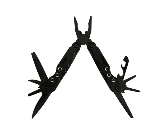 Black folding multi-tool pliers with multiple blades and tool heads