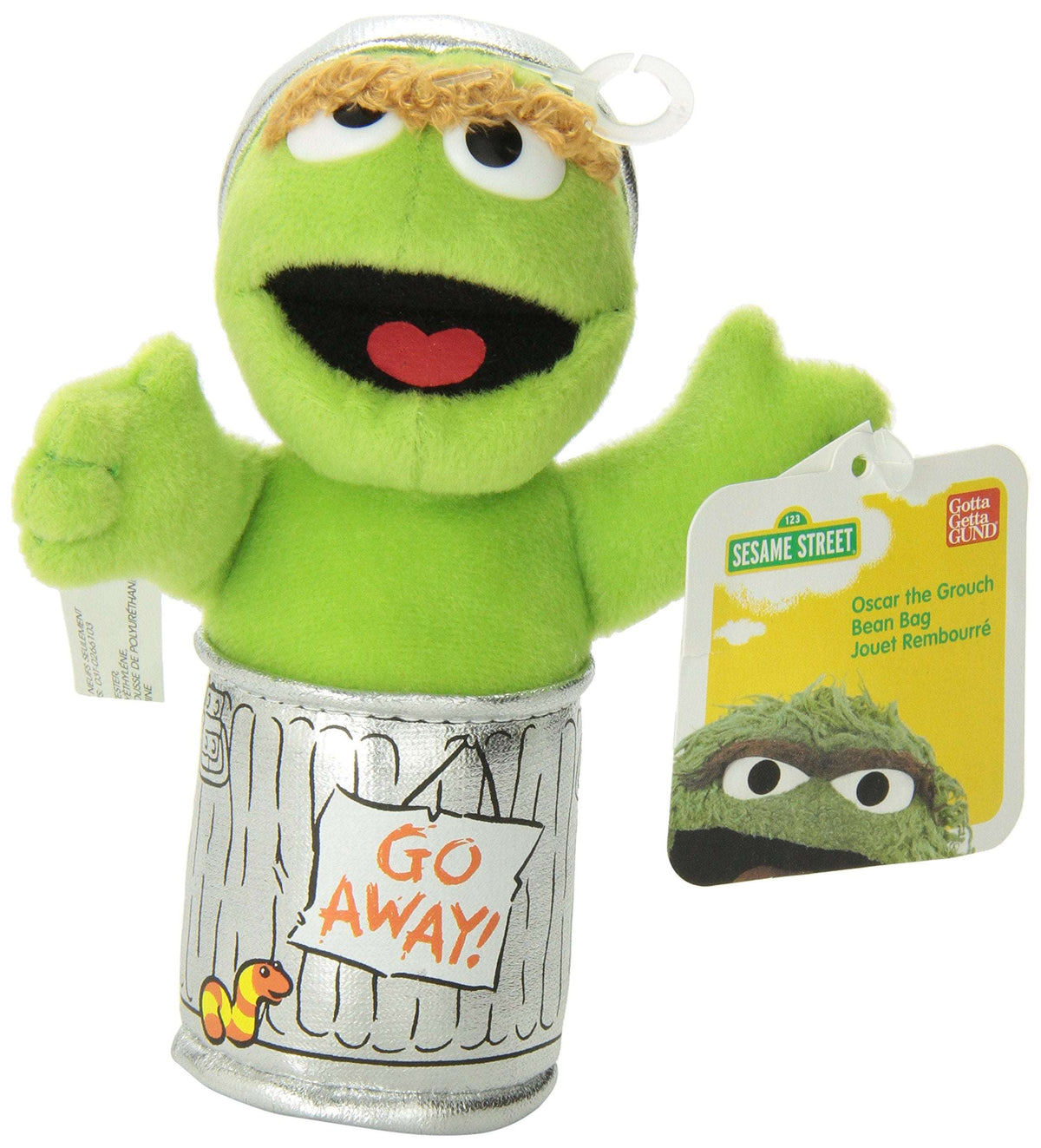 Oscar the Grouch plush beanbag with green fur, silver can and retail hang tag
