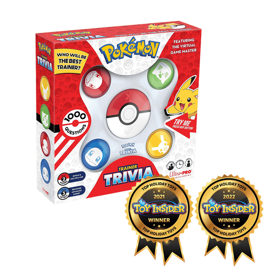 Pokémon Trainer Trivia interactive game box with 1,000 questions and Poké Ball controller