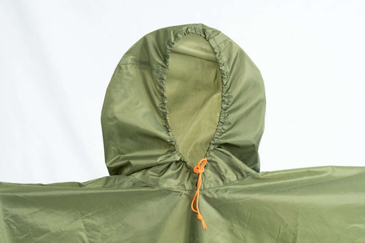 Green poncho tarp hood with orange drawstring cord and gathered edge