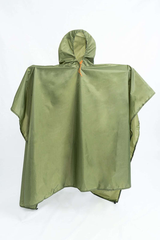 Green waterproof poncho tarp with hood and orange drawstring front