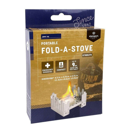 Fold-a-stove camping stove kit packaging, portable folding stove with 8 fuel tablets