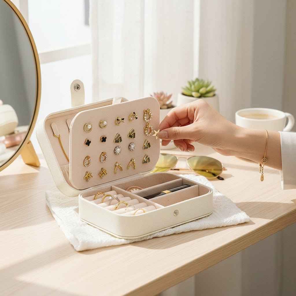Portable Travel Jewelry Box – Small PU Leather Organizer Case