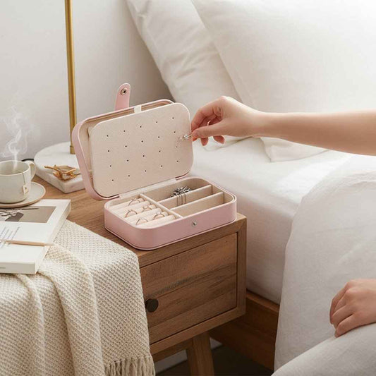 Small jewelry box in pearl white with lid open; hand placing items in divided compartments