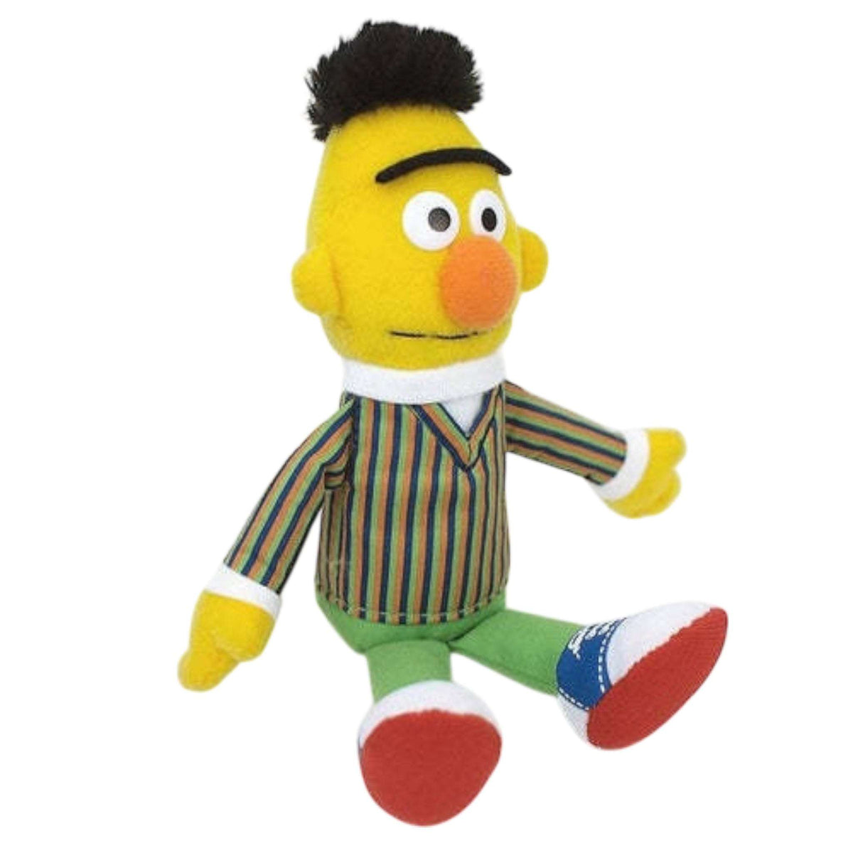 Seated Bert plush with striped shirt, green pants, and colorful shoes