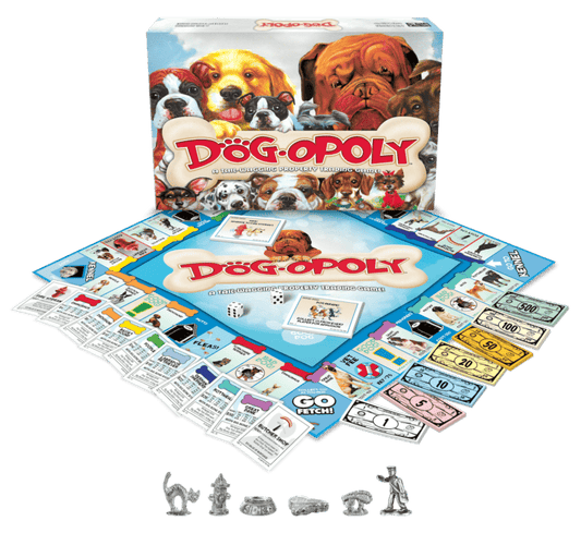 Dog-opoly dog-themed board game set with playing board, money, cards, and paw tokens