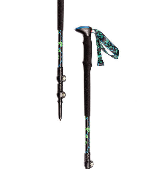 Telescoping trekking pole with black grip and teal patterned wrist strap