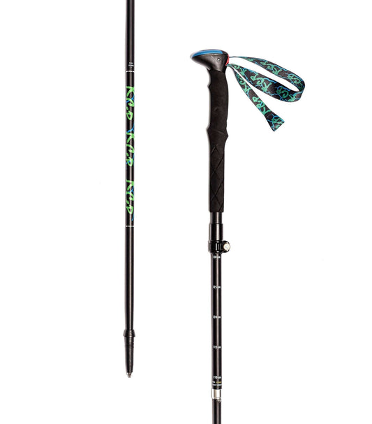 Adjustable trekking pole with black grip and teal/green patterned wrist strap