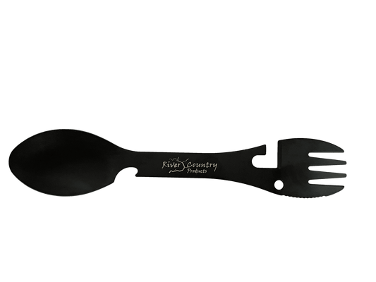 Stainless steel camping spork with fork and spoon ends, black finish, River Country logo