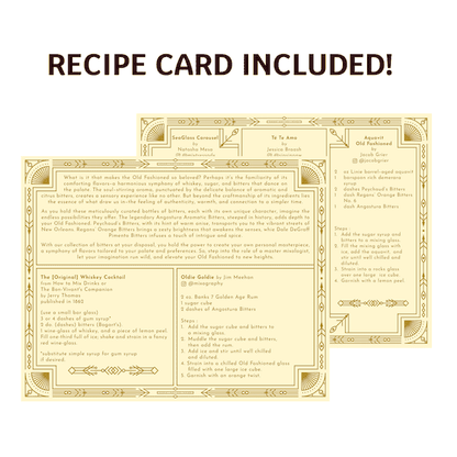 Recipe card included with old fashioned cocktail directions in ornate gold design