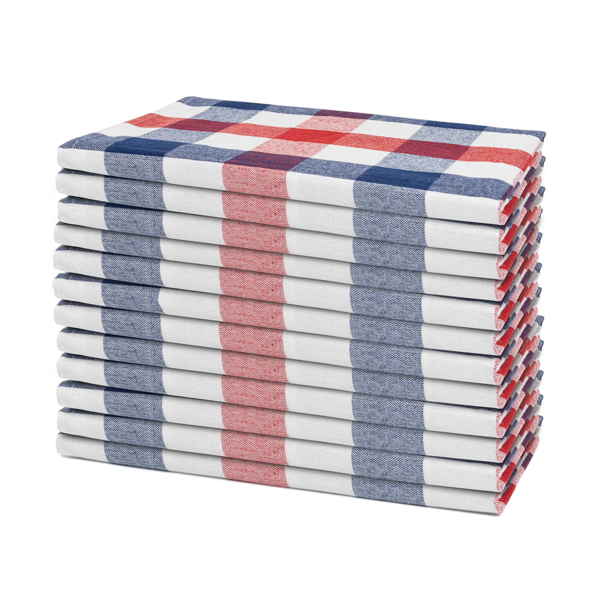Set of 12 red, blue, and white plaid cotton dinner napkins, folded stack