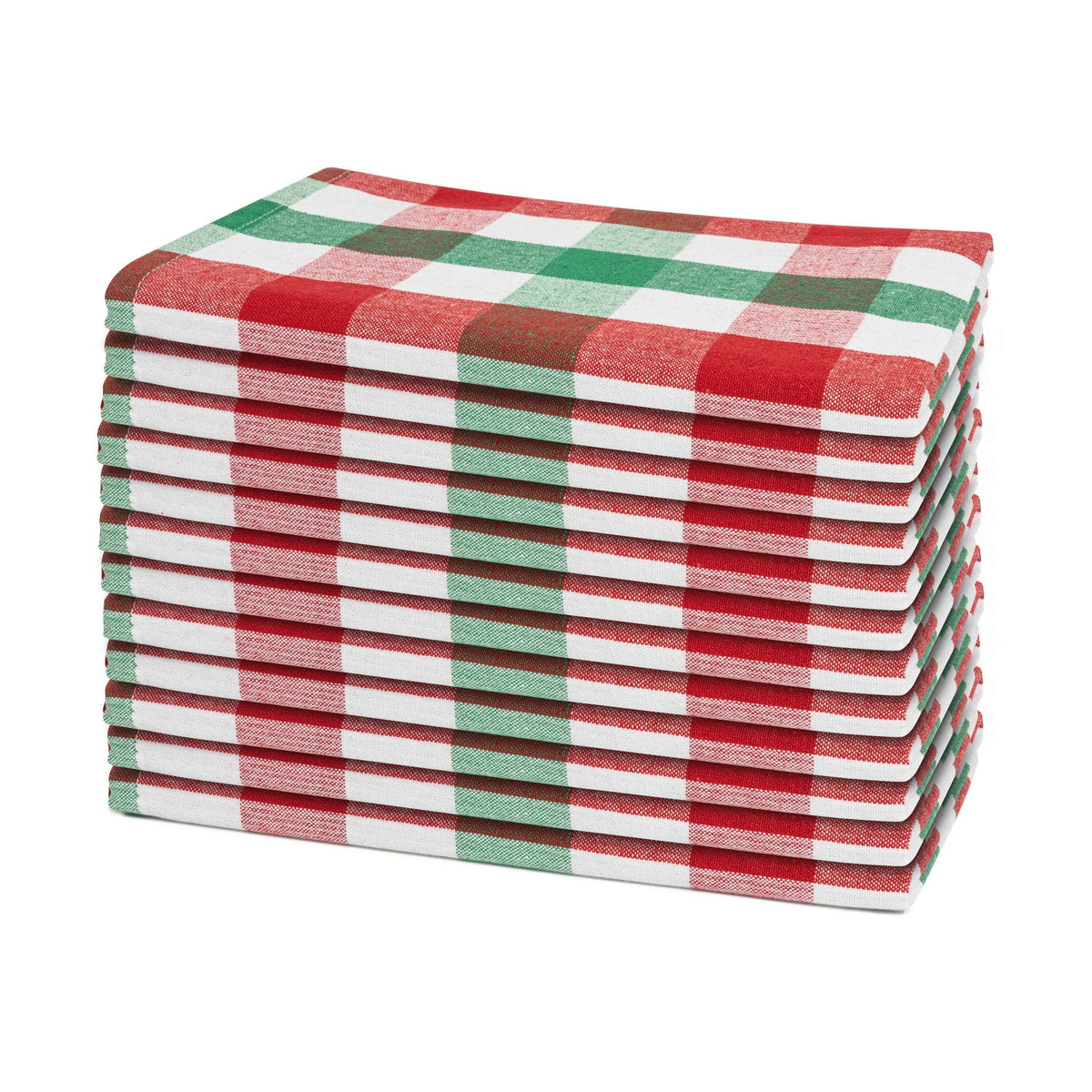 Set of 12 red, green, and white plaid cotton dinner napkins, folded stack
