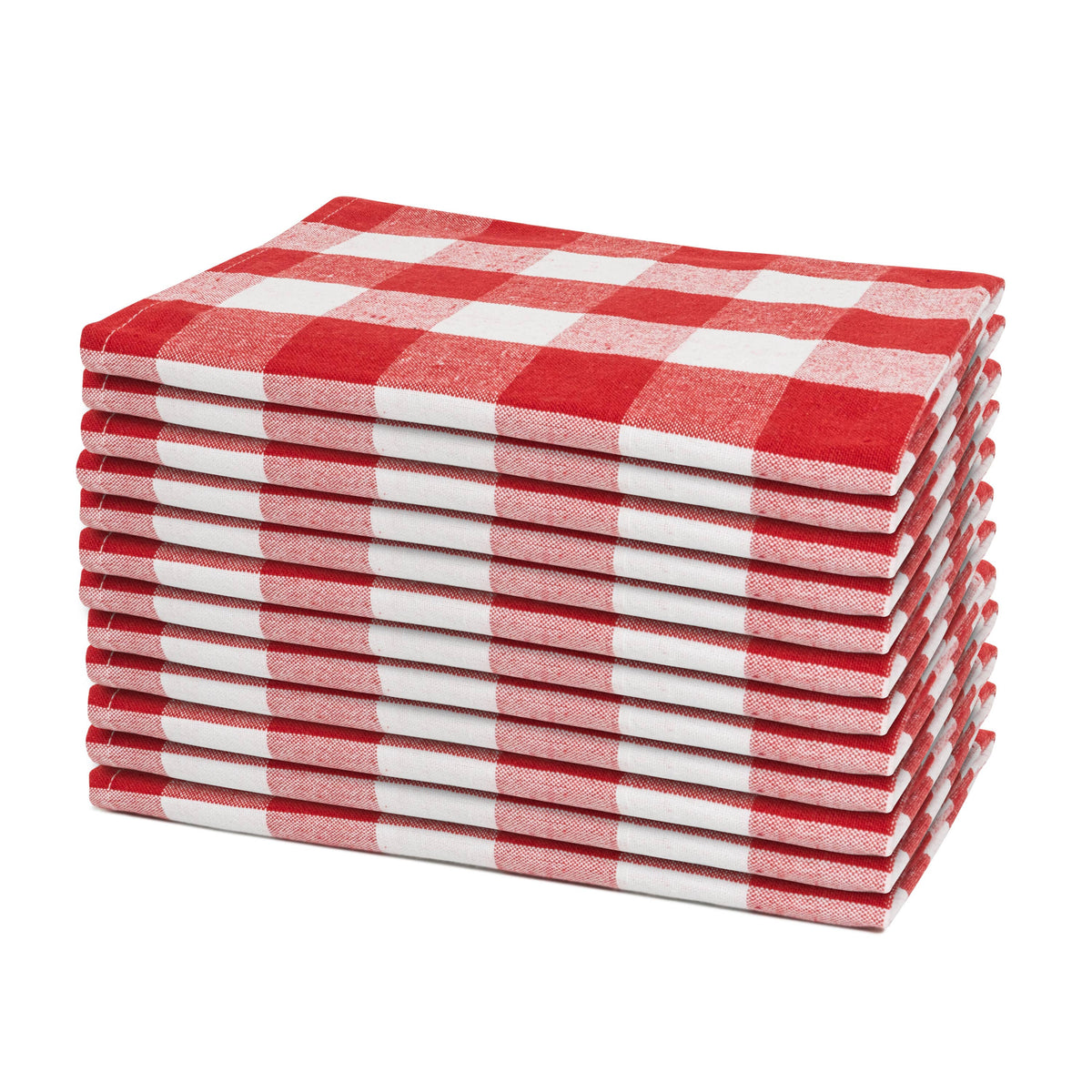 Red and white plaid cotton dinner napkins, set of 12, folded stack