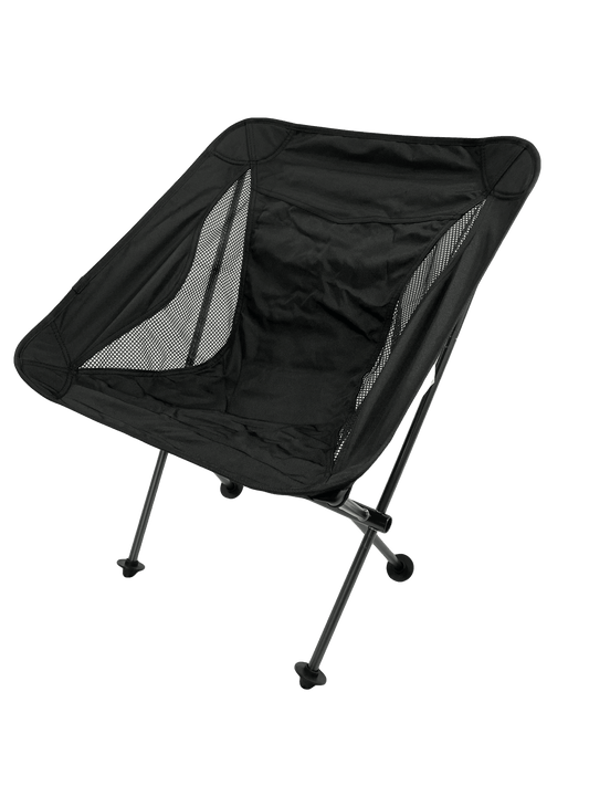 Foldable camp moon chair with black fabric and side mesh panels, four folding legs.