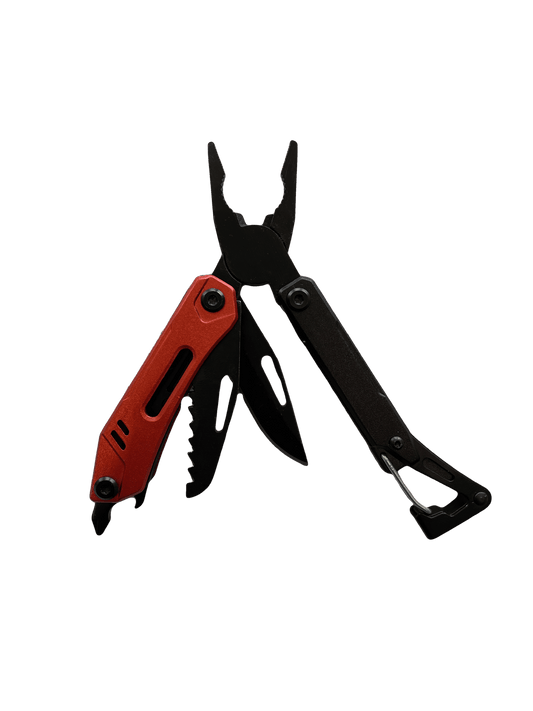 Red and black folding multi-tool pliers with blades and screwdriving bits
