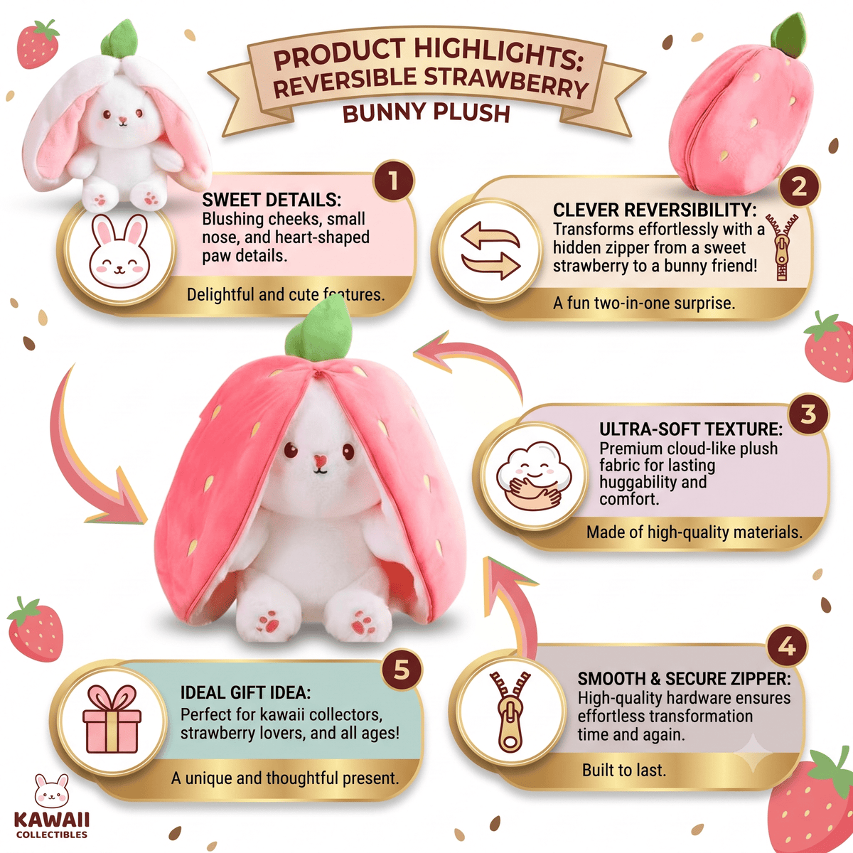 Reversible Bunny Plush Toy – Strawberry & Carrot Hide-and-Seek Stuffed Animal