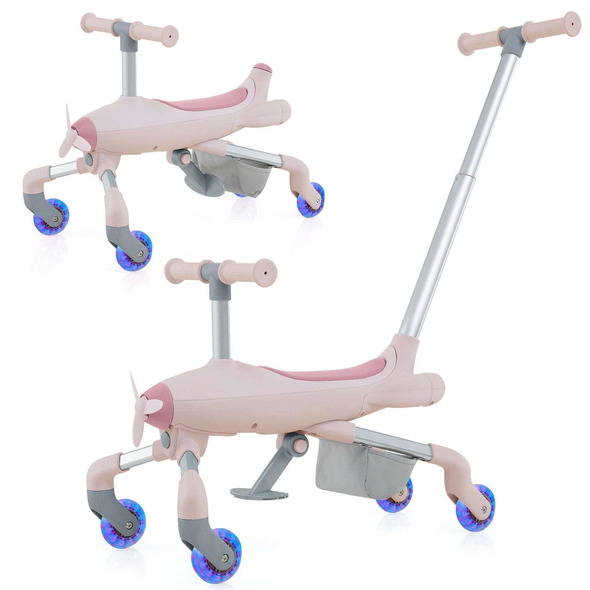Pink 2-in-1 ride-on push car with gray support legs, seat, and blue glowing wheels